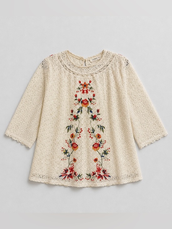 Umgee Tops - Umgee Cream Lace Tunic with Multicolor Floral Embroidery
